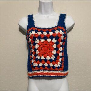 Vintage Handmade Crochet Tank Top S Patriotic Crafty Festival Boho Granny Square